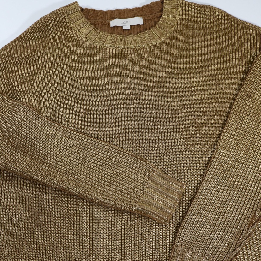 Loft Womens Metallic Gold Knit Crew Neck Sweater Brown Shimmer Size L